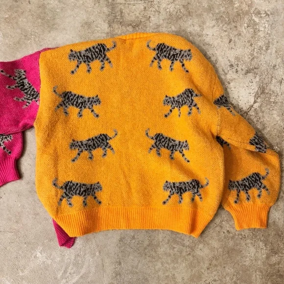 Talulah Tiger Color-block Pink and Orange Cardigan and Pants Knit Set - size M - Picture 6 of 9